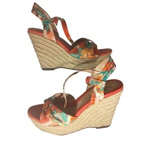 Sofft Womens 8M Floral Espadrille Wedge Sandals Orange Teal Platform 1267296